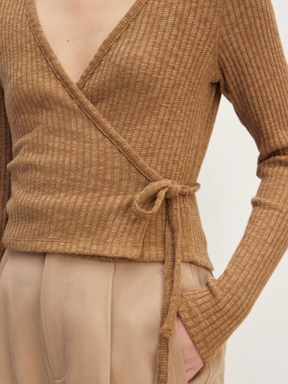 Everlane Cozy Rib Wrap Top | Cappuccino Brown | Balletcore Tie Front Sweater - Picture 5 of 9